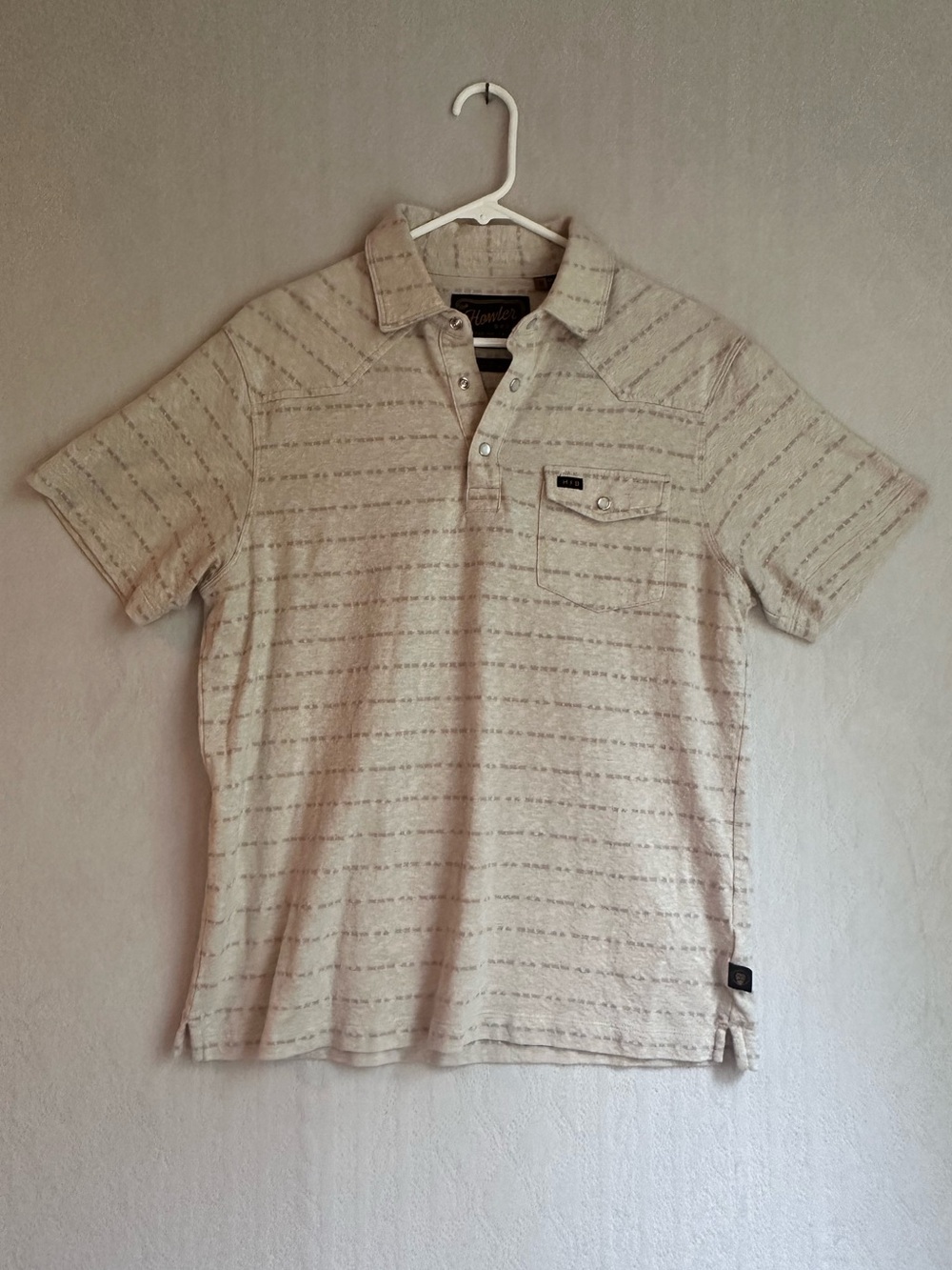 Howler Bros Ranchero Polo Men's Beige Striped Short-Sleeve Shirt Sz M Cotton